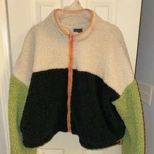 Wild Fable Cream and Green Color-block Sherpa Jacket with Peach accents